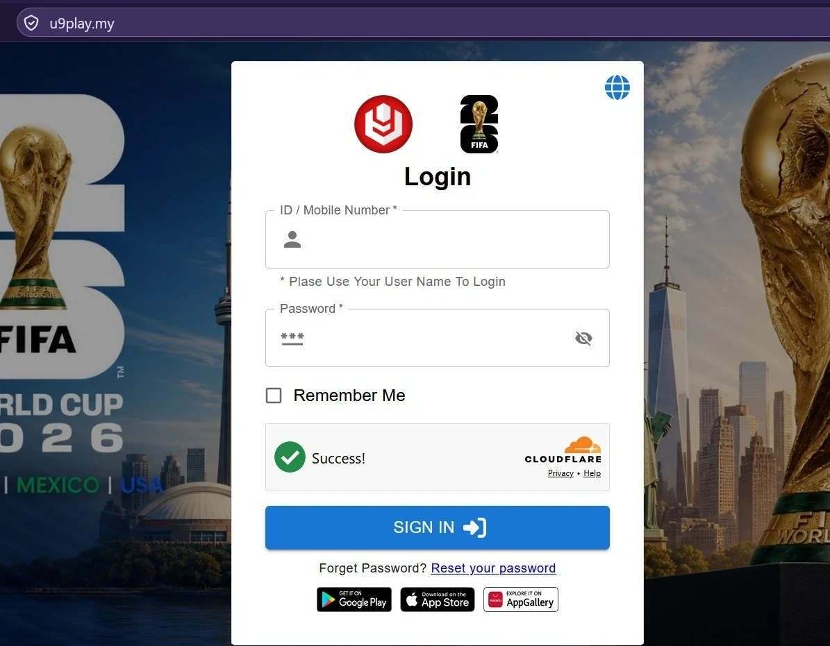 U9play member login screen with ID or mobile number password Remember Me and password reset